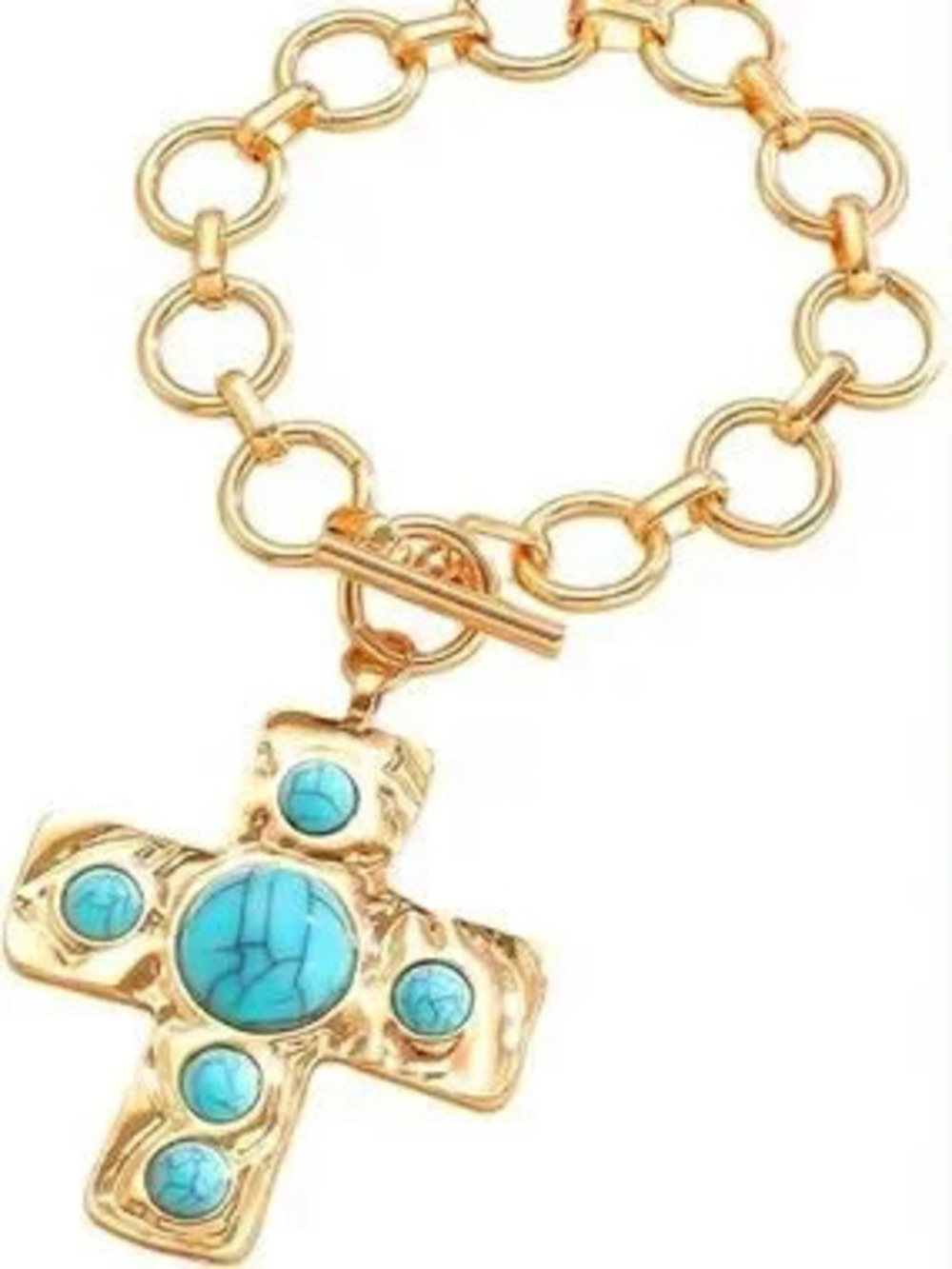 Anthropologie Gold Color Link Bracelet with Turquoise Cross Charm